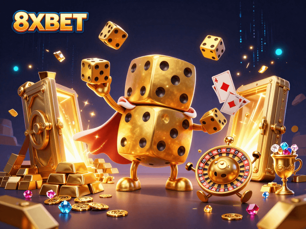 Experience 8XBET's vibrant gambling atmosphere with golden dice and treasure in this dynamic scene.