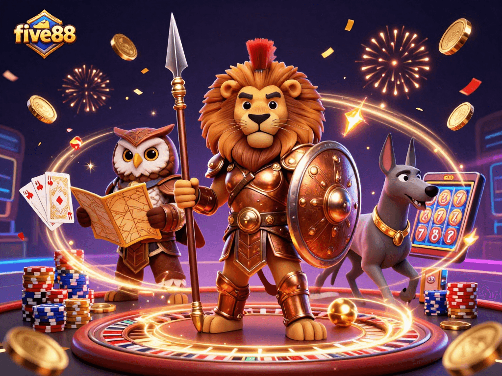 Experience the thrill at five88 with a heroic Spartan lion, tactical owl strategist, and swift greyhound amidst sparkling casino elements.
