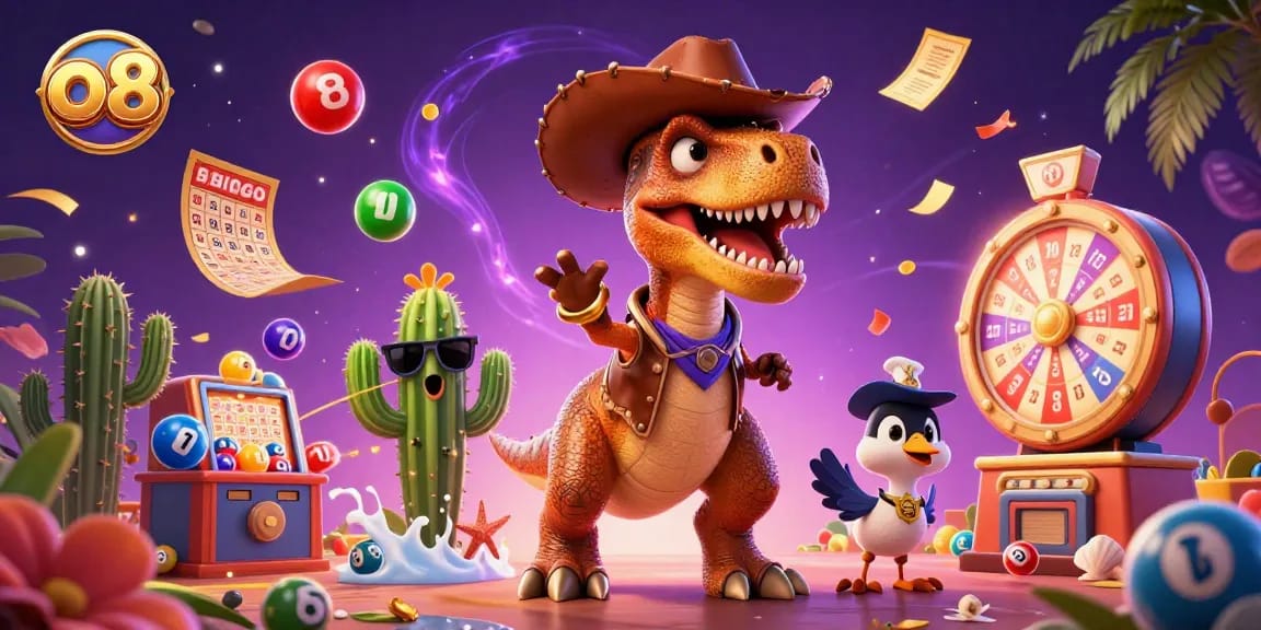 Engage with vibrant o8-themed gaming fun featuring lively T-Rex cowboy and friends in action!