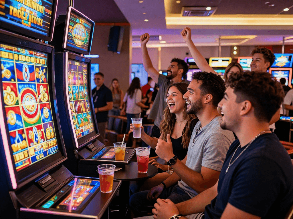 Crowd celebrating a slot jackpot win in a vibrant casino atmosphere.
