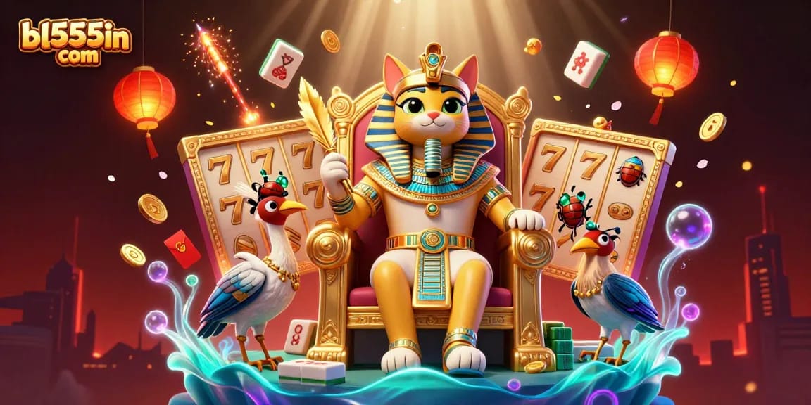 Experience classic slot excitement at bl555in com with a vibrant Egyptian-themed illustration filled with treasures.