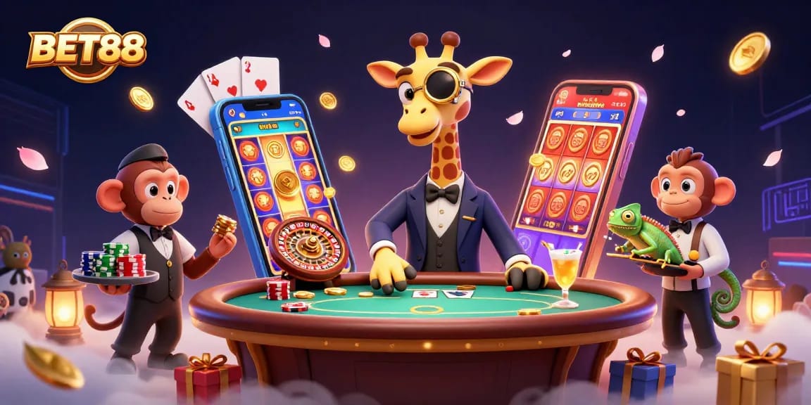Experience excitement at BET88 with a captivating scene of a giraffe, monkey, and chameleon in a vibrant casino.