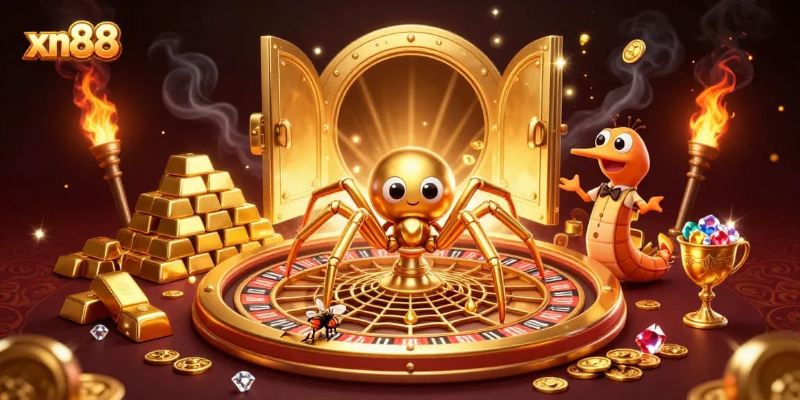 Spin winnings at xn88 with the vibrant golden spider and centipede croupier in a dynamic casino scene.