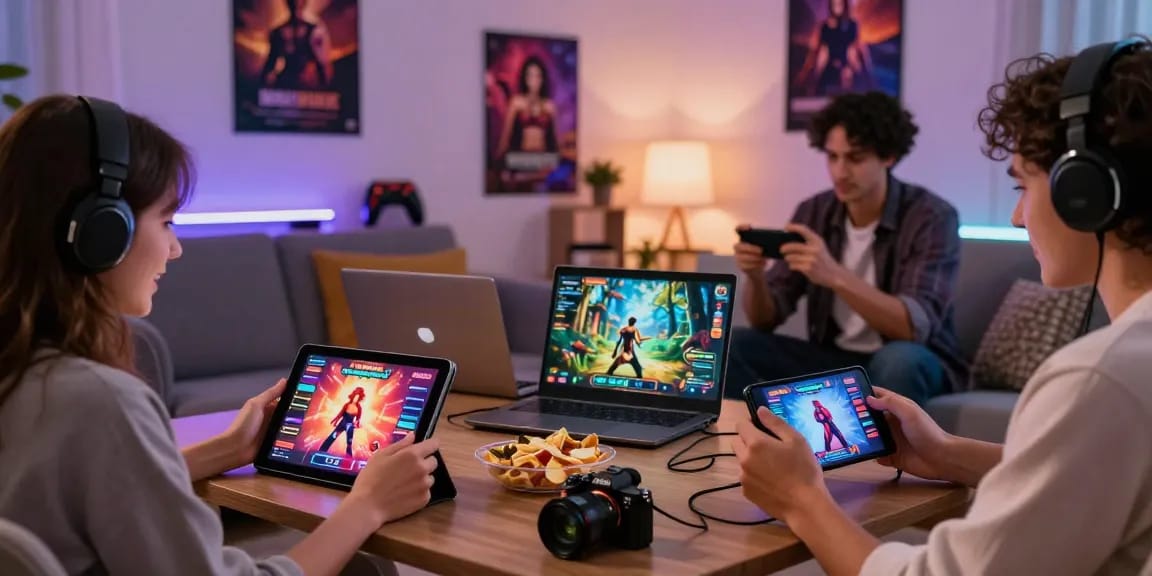Playing diverse porn games on various devices in a cozy gaming environment.