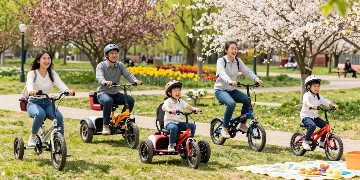 Family enjoying best electric tricycles in a sunlit park, showcasing happiness and adventure.