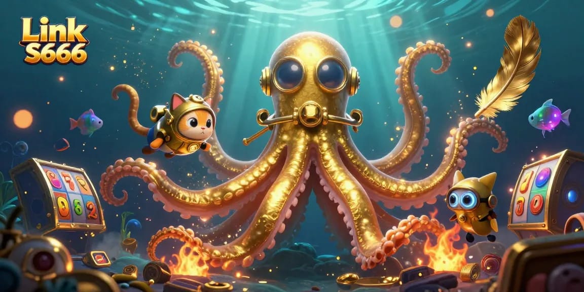 Spin the reels and dive into fun with Link S666, featuring a kraken and vintage diver in a dynamic casino scene.