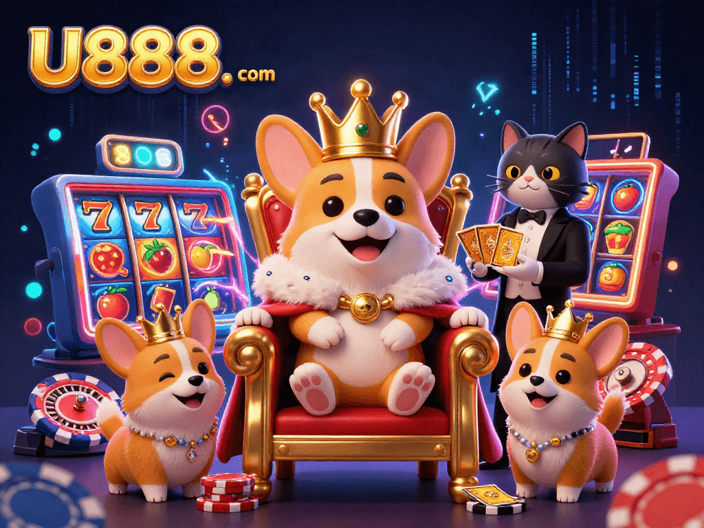 Experience the vibrant casino atmosphere featuring U888. com with a royal corgi on a throne among slot reels and gaming elements.