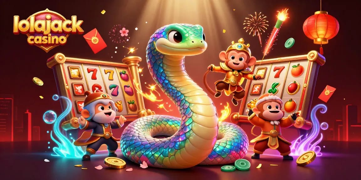 Experience the thrill of winning at lolajack casino with vibrant 3D characters and dynamic slot elements in a dazzling scene.