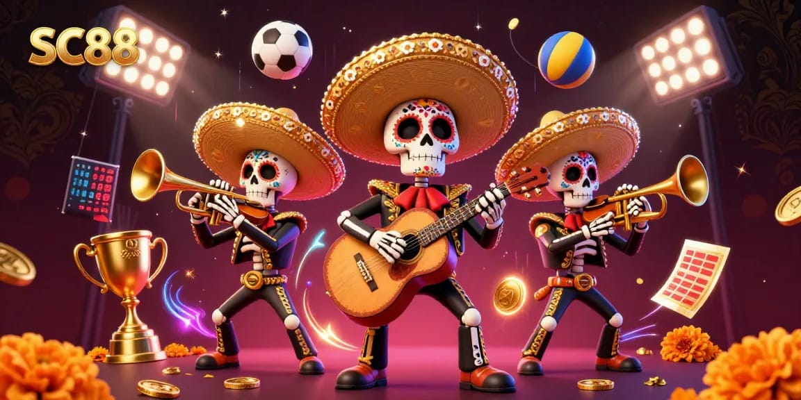 Engage with SC88 through a vibrant illustration depicting a festive mariachi band amidst dynamic gambling elements.