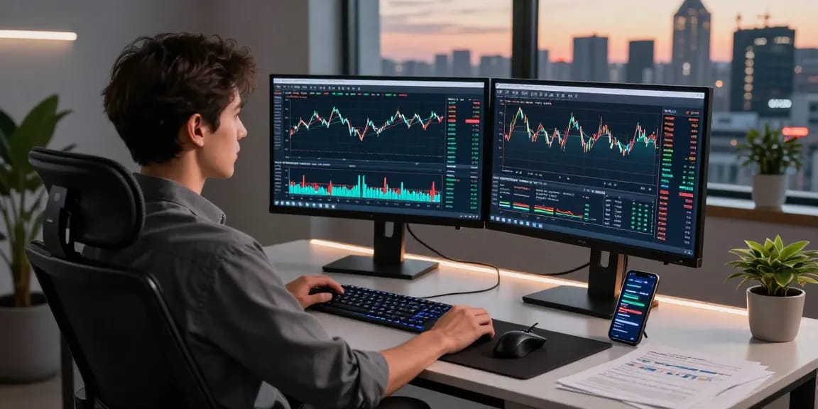 Trader using the MetaTrader 5 platform at a modern dual-monitor setup with market data and charts displayed.