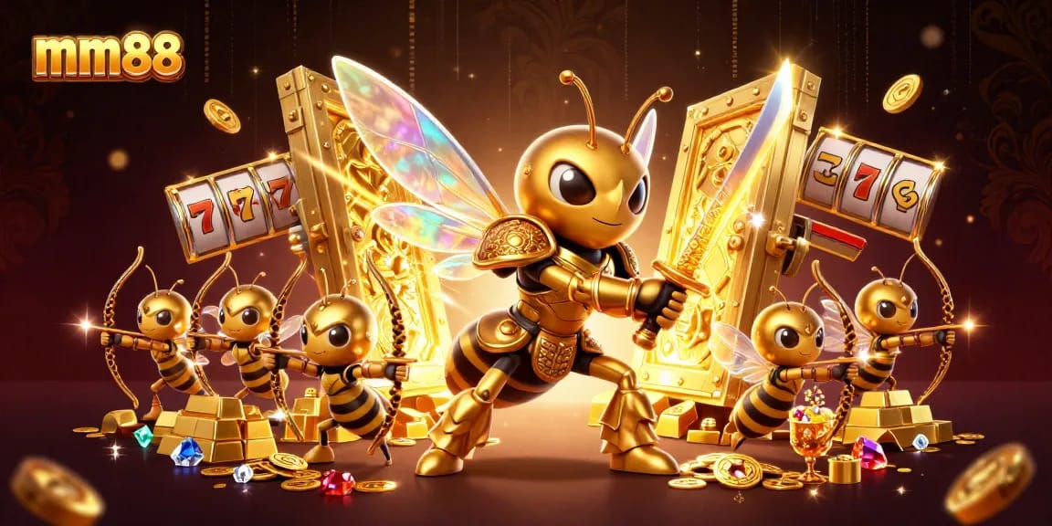 Engage with mm88's thrilling games showcasing a golden hornet samurai and treasure elements.