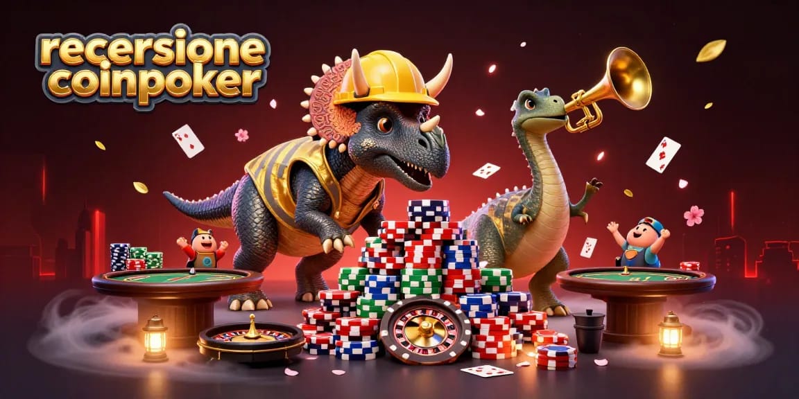 Giocatori di poker celebrano con la recensione coinpoker, circondati da fiches e giochi d'azzardo.