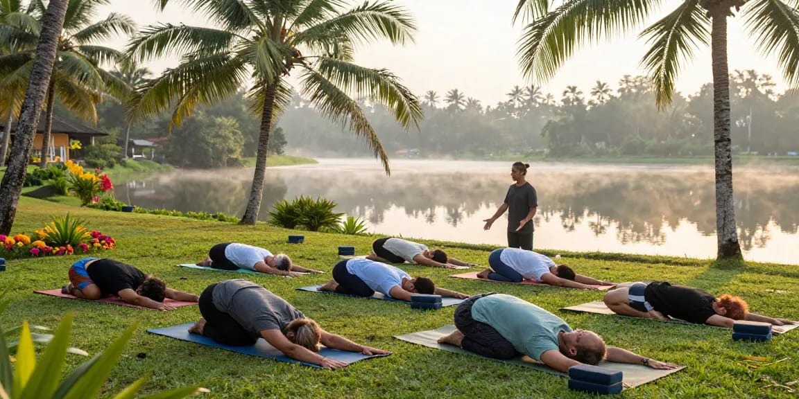 200hr hatha YTT Sri Lanka group practice at serene yoga retreat on Koggala Lake, showcasing tranquil atmosphere and natural surroundings.