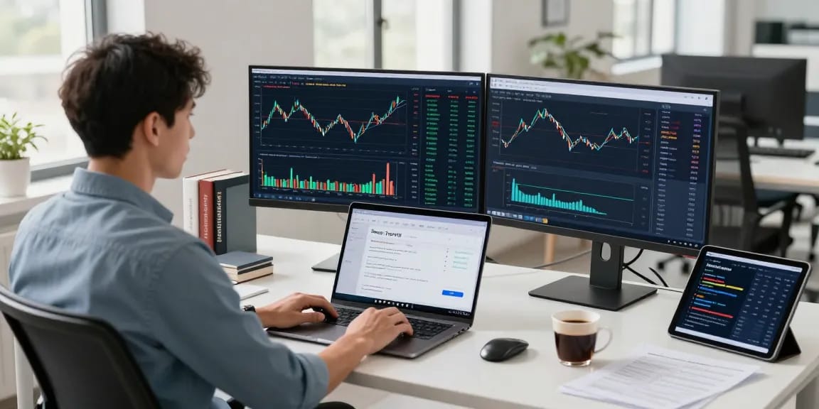 在TradingView官网上分析市场数据的专业交易员，显示股票图表和Pine Script代码的双显示器。