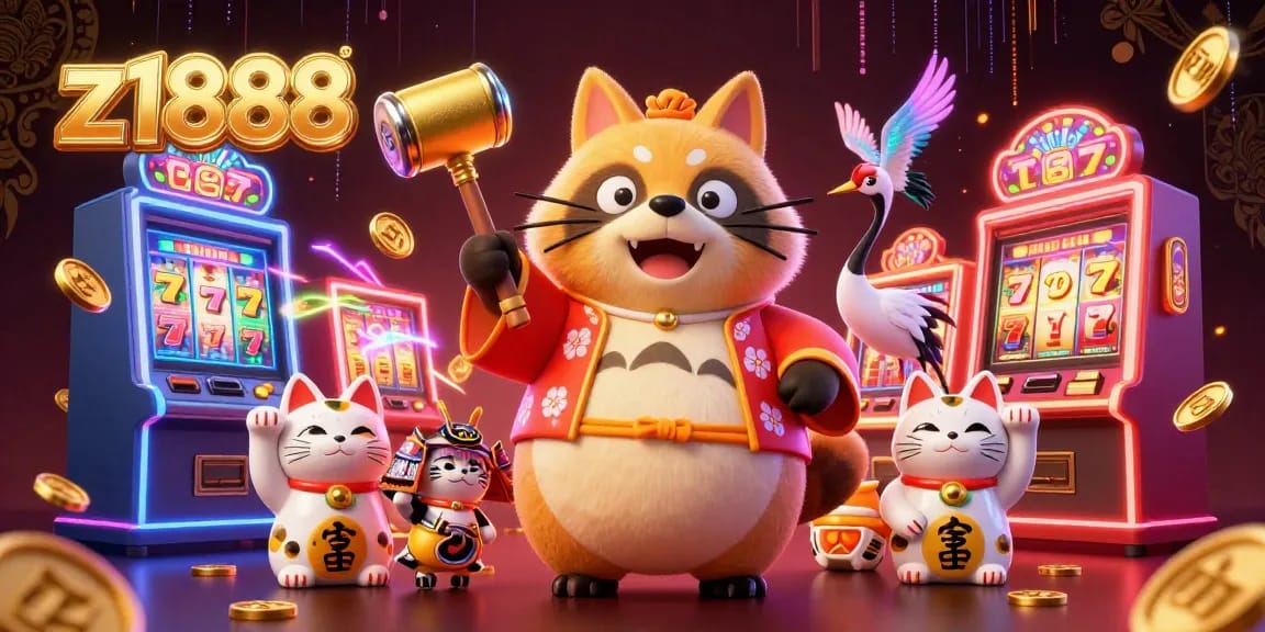 Experience thrilling gameplay with z1888 as a lucky raccoon and friends spin colorful slot machines in this vibrant casino illustration.