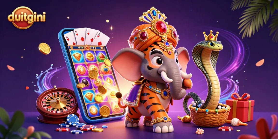 Duitgini offers a thrilling loan experience with a tiger maharaja and an elephant amid interactive gambling elements.