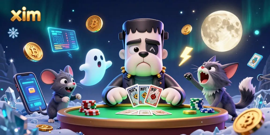 Xim showcases an engaging casino scene with a Frankenstein bulldog, ghost mouse, and werewolf kitten playing cards.