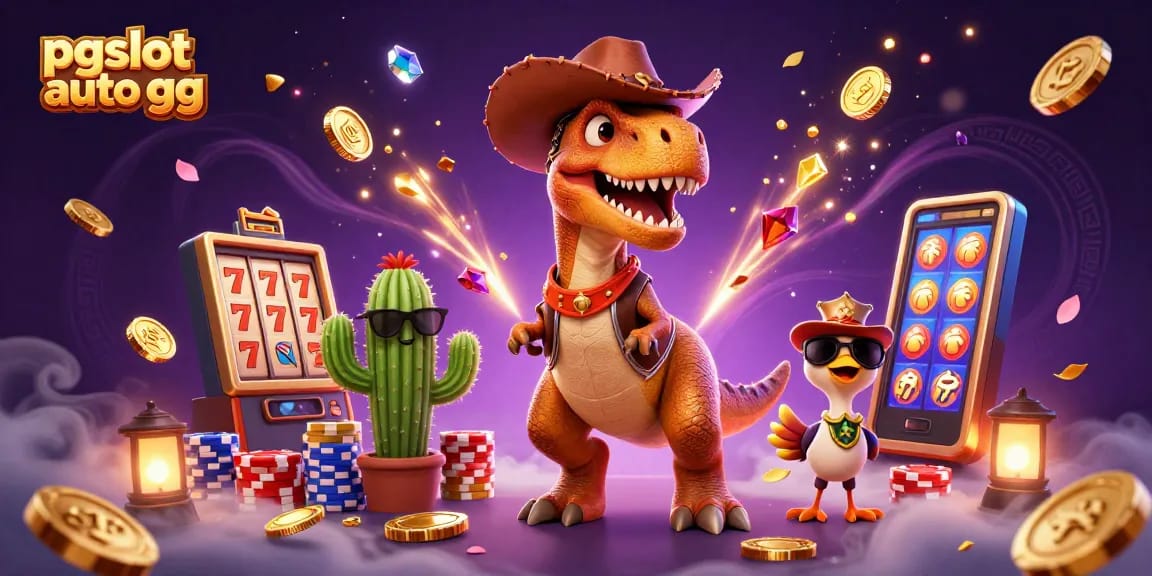 Spin and win with pgslot auto gg as dinosaurs and vibrant slots collide in this thrilling scene.