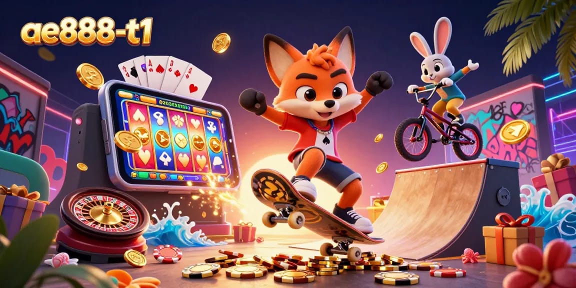 Experience the thrill of ae888-t1 with dynamic casino scenes featuring vibrant characters and game elements.
