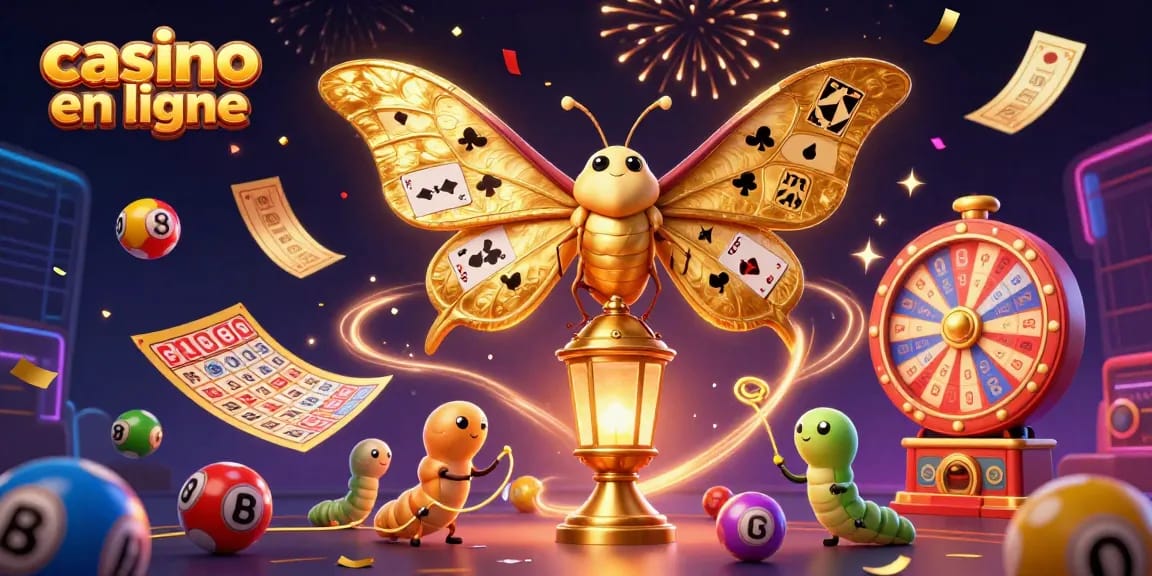 Émerveillez-vous devant ce casino en ligne dynamique, avec un papillon 3D doré et des balles de loterie colorées.