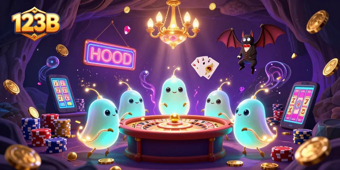 Experience the thrill of 123B with glowworms illuminating a vibrant casino scene filled with games and riches.