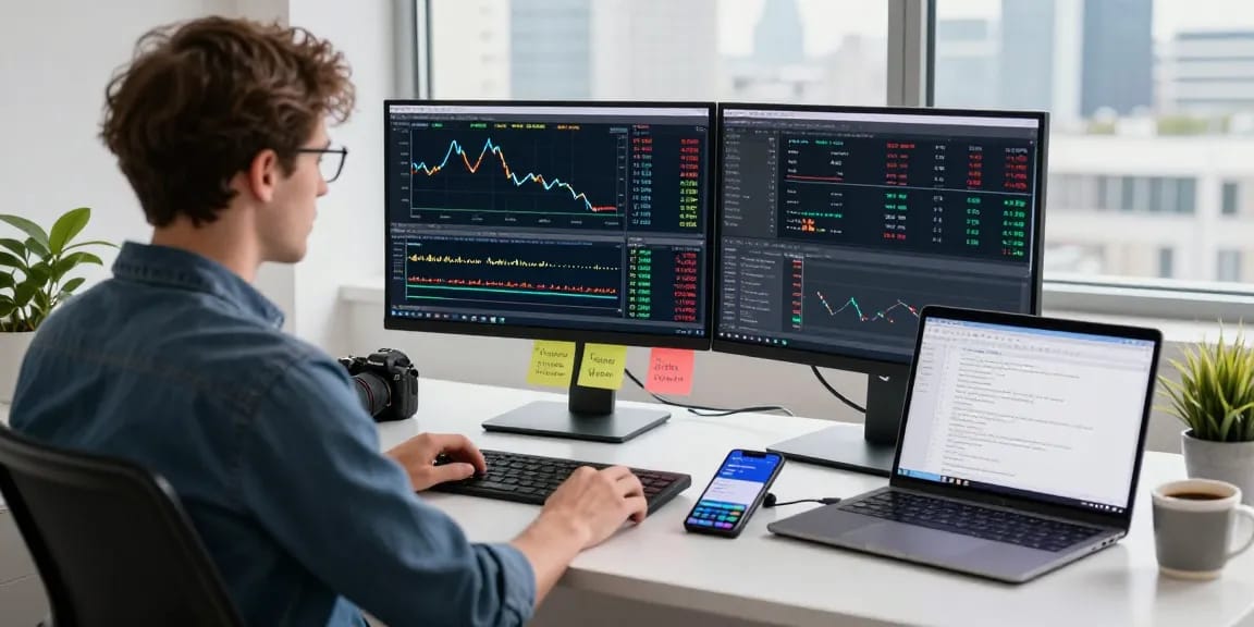 Trader using mt4 forex tools with multiple screens in a modern office.