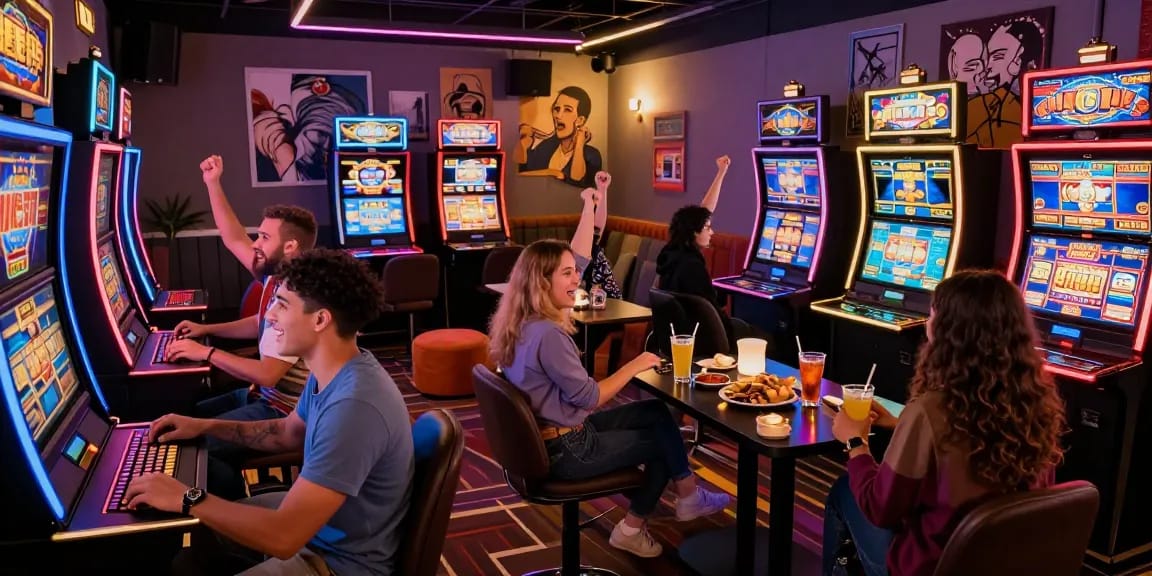 Friends enjoying slot online gameplay in a lively casino lounge with vibrant neon lights.