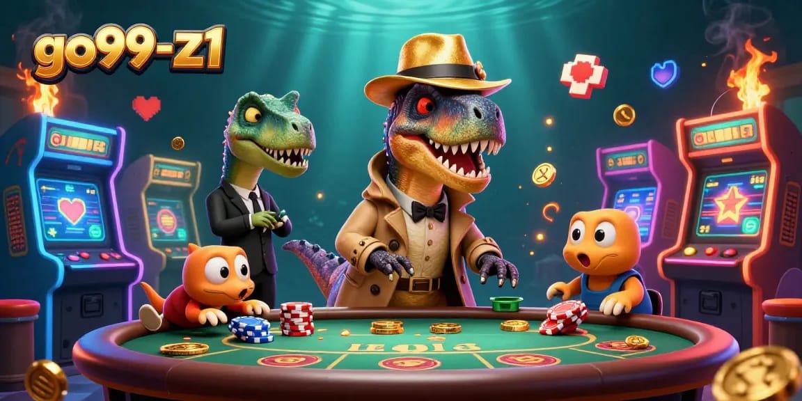 Experience the thrill of go99-z1 with a playful casino scene featuring cartoon dinosaurs and vibrant game elements.