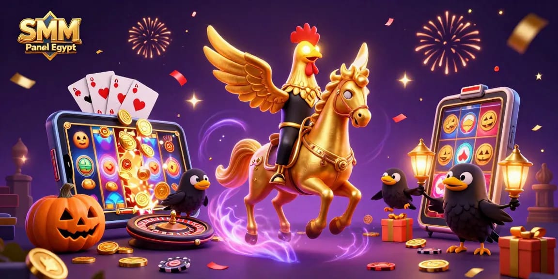 Engage your audience with SMM Panel Egypt's golden rooster triumphantly riding through a vibrant casino.