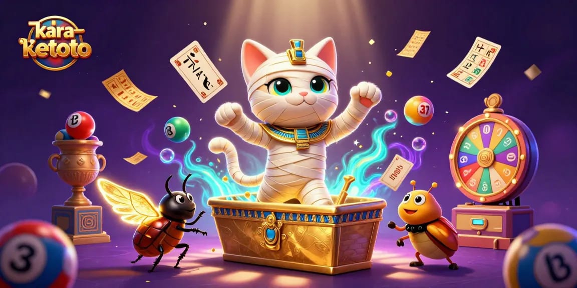 Karatetoto invites players to discover thrilling slot games with an Egyptian mummy cat, shimmering elements, and vibrant gaming details.
