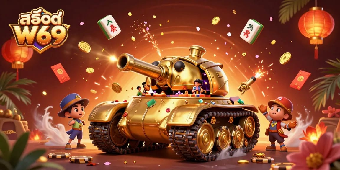 Play exciting สล็อต W69 in a vibrant 3D casino scene with festive elements and gold decorations.