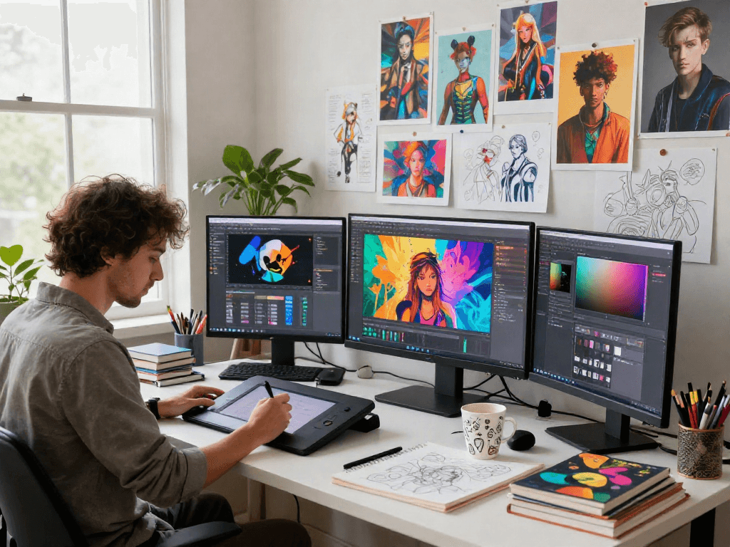 Artist in vibrant digital studio creating nsfw ai art with modern tools and colorful graphics.
