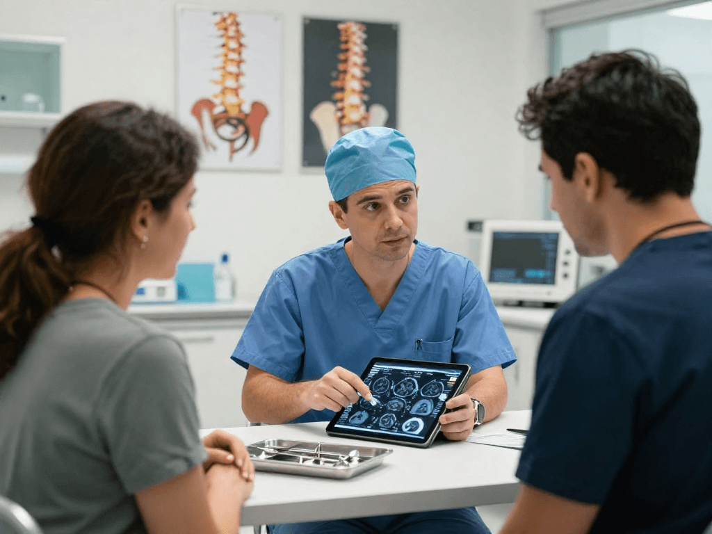 Patient consultation on Bel fıtığı ameliyatı with a surgeon examining MRI results in a modern clinic.