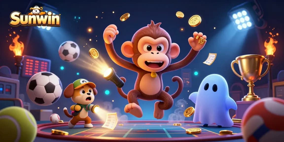 Engaging illustration of Sunwin depicting a playful ghost monkey and a curious puppy in a vibrant haunted casino scene.