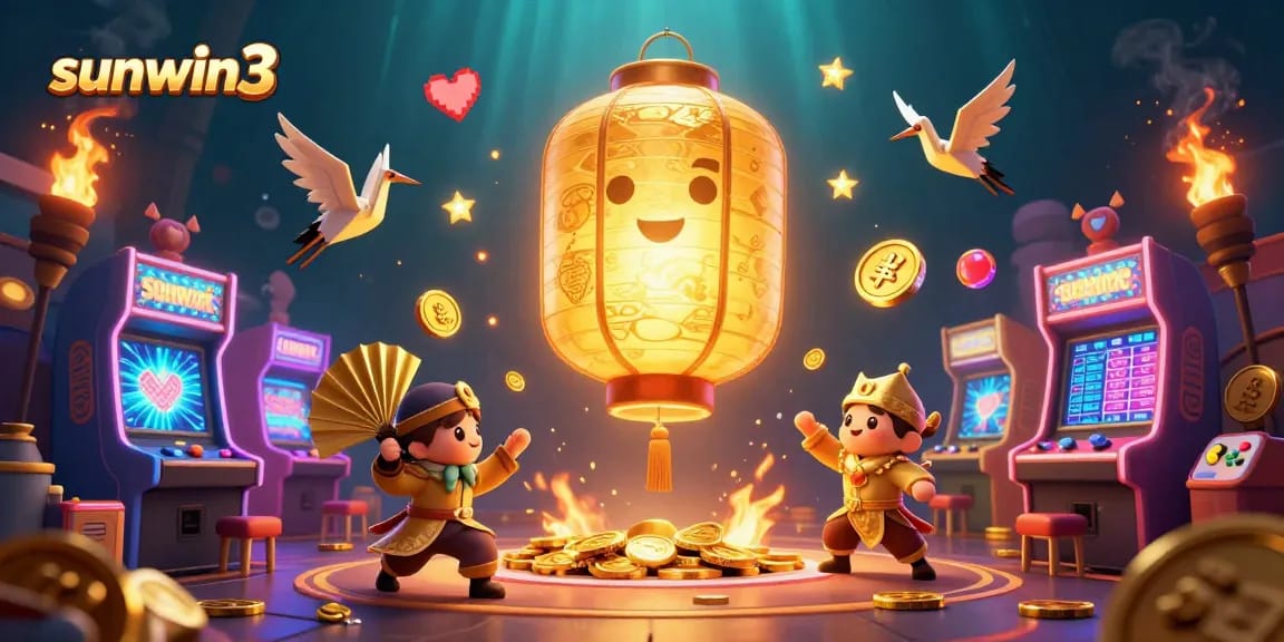Experience excitement at sunwin3 with a captivating 3D casino illustration showcasing games and lucky symbols.