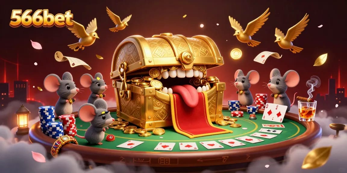 Get rich with 566bet at this dynamic casino scene featuring poker elements and treasure!