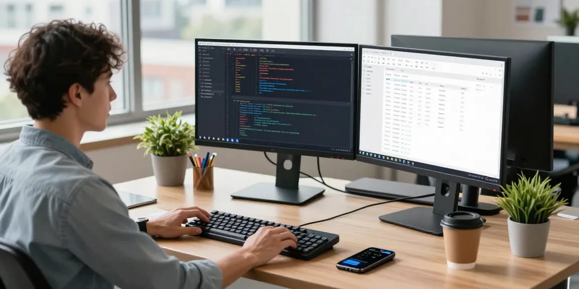 OpenClaw software developer workspace with coding interface, modern desk, and productivity tools
