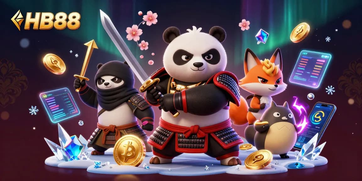 Experience thrilling moments at HB88 with a dynamic 3D illustration featuring samurai panda and ninja fox.