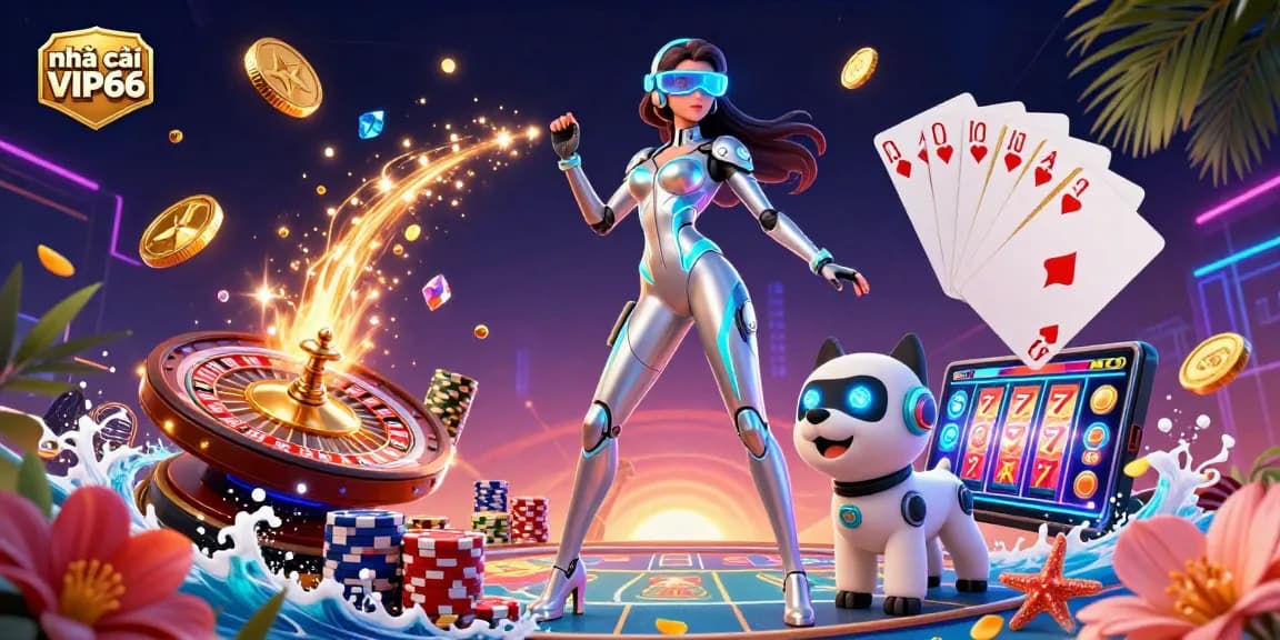 Play exciting games at nhà cái VIP66 with vibrant casino elements and a dynamic futuristic design.