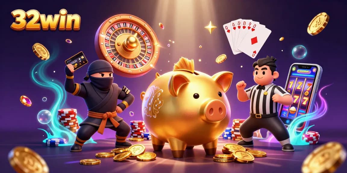 Engage with 32win's dynamic gaming scene featuring golden piggy bank and vibrant casino elements