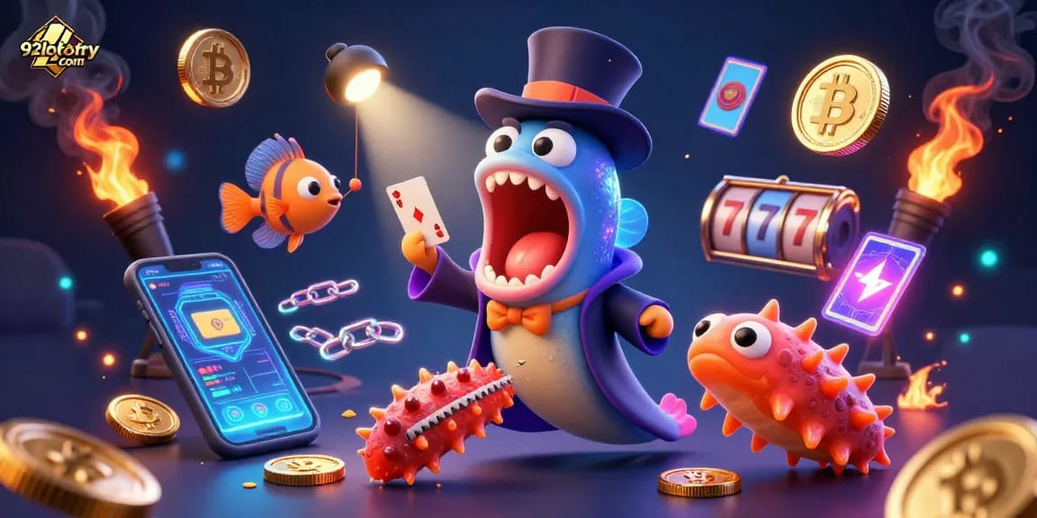 Experience the magic of 92lottery com with a vibrant underwater gambling scene featuring card tricks and cryptocurrency.
