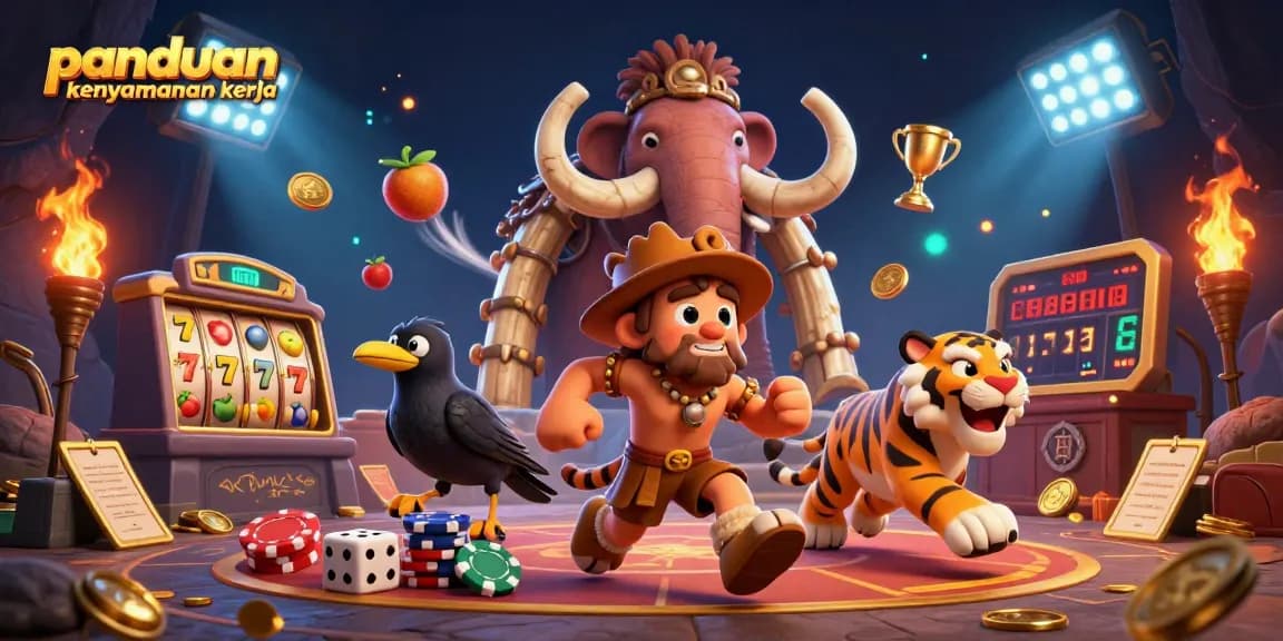 See the panduan kenyamanan kerja illustrated scene with a caveman duo, casino elements, and dynamic slot reels.