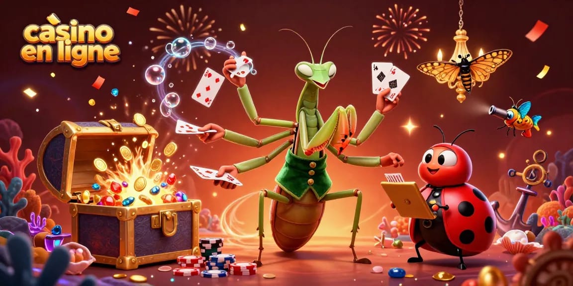 Cette illustration dynamique montre un casino en ligne animé, où des personnages colorés distribuent des cartes et des jetons tout en célébrant.