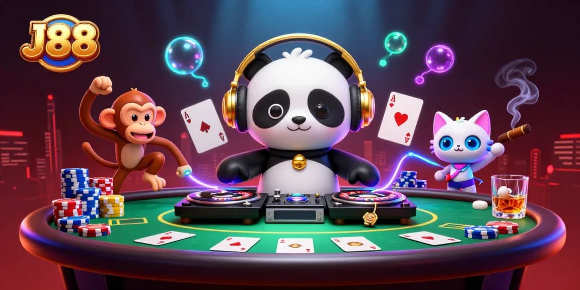 Experience exhilarating gameplay with J88 as a DJ panda spins roulette wheels surrounded by vibrant casino action.