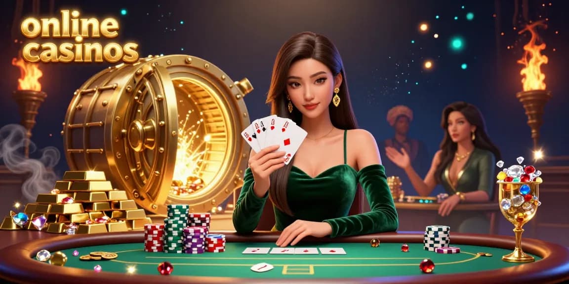 Experience the excitement of online casinos with a focused player at a luxury poker table full of treasures.
