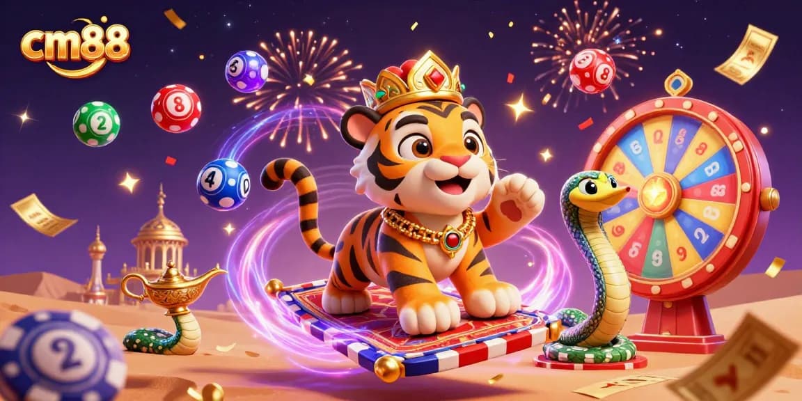 Engage with cm88's thrilling gaming experience featuring a vibrant tiger sultan, magic, and festive excitement.