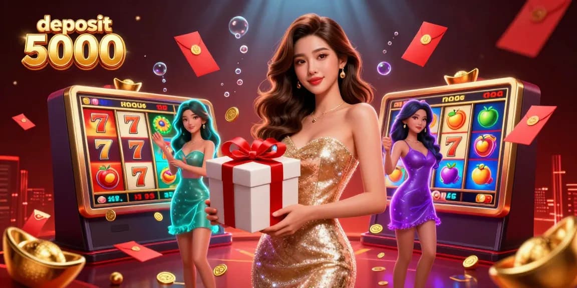 Engage with deposit 5000 in this vibrant casino scene showcasing glittering slot reels and festive decorations.