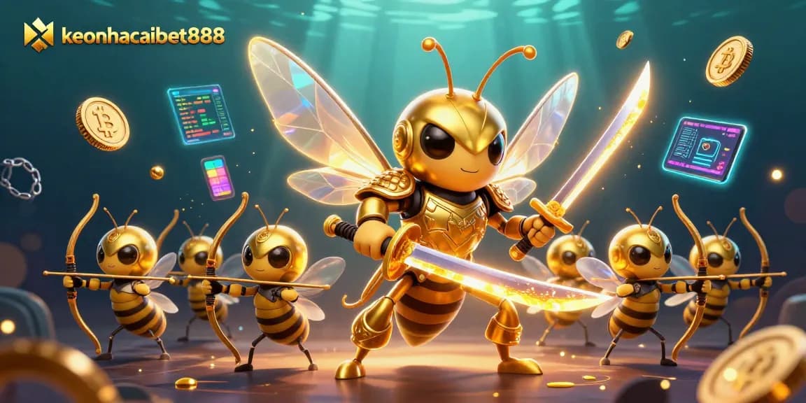 Engage with keonhacaibet888 in a vibrant 3D casino illustration boasting crypto elements and dynamic characters.