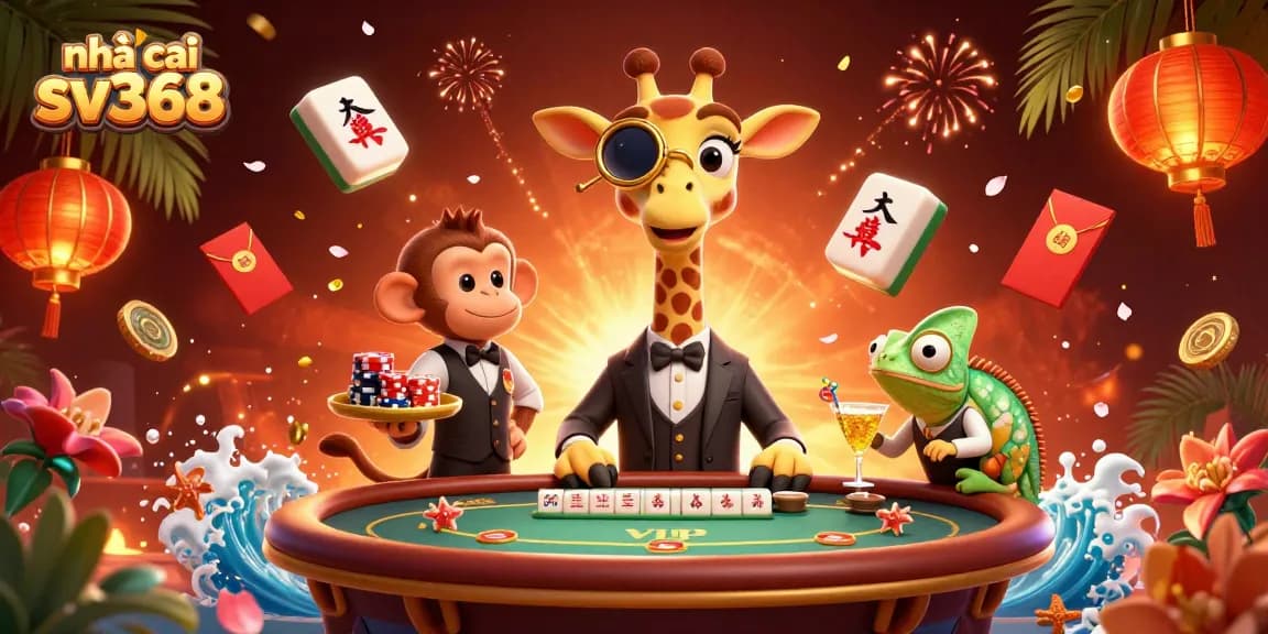 Engage with nhà cái sv368, featuring a giraffe at a poker table, surrounded by festive gambling elements.