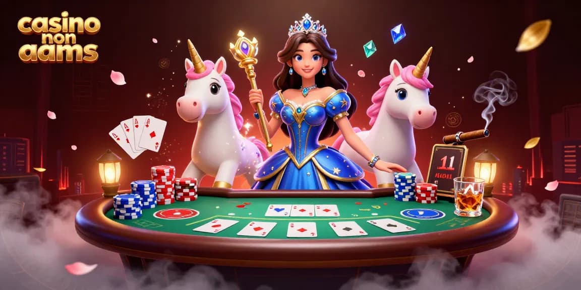 Interagisci con i casino non AAMS attraverso una vivace scena 3D che presenta una donna regale e un unicorno tra elementi di poker.